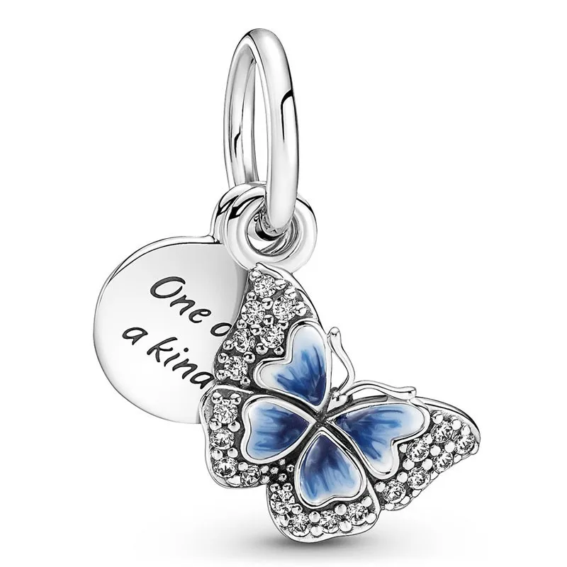 

Original Blue Butterfly & Quote Double Dangle Beads Charm Fit Pandora Women 925 Sterling Silver Bracelet Bangle Diy Jewelry