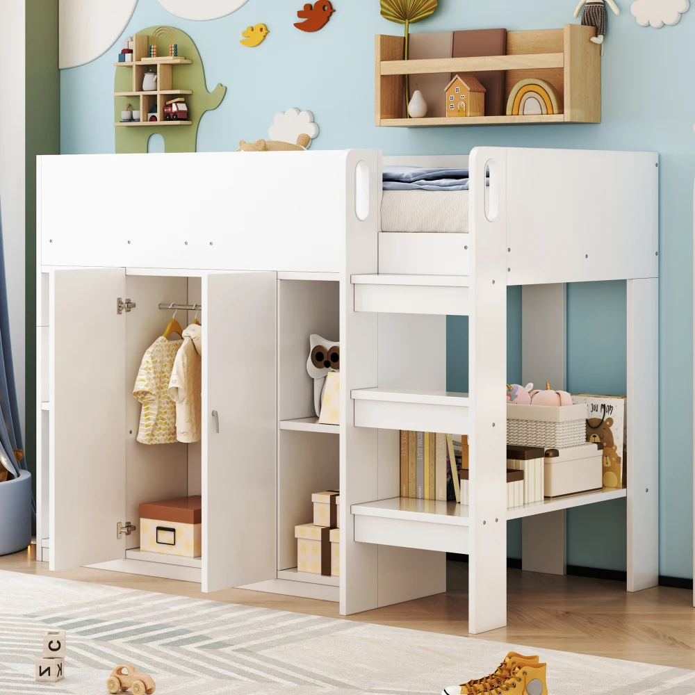 90*200cm Multifunktionales Hochbett mit Stauraum, Kleiderschrank und Regalen, Kinderbett mit Leiter und stabiler Konstruktion – Detail 6