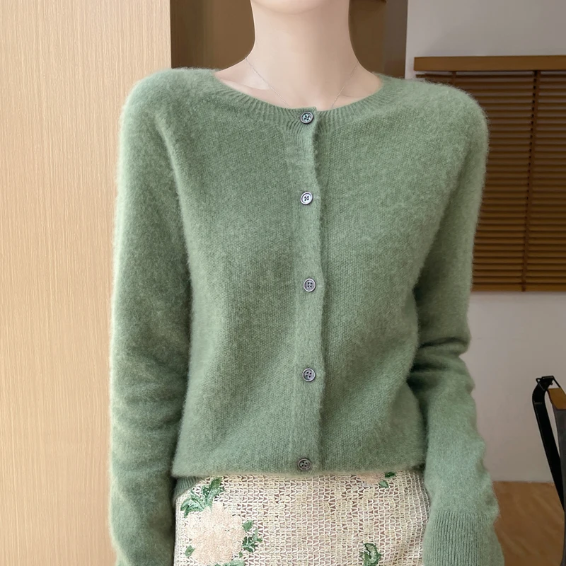 Fall/Winter 2024 new 100% Merino wool knitted round neck cardigan loose slim fashion solid color commuter sweater coat 4