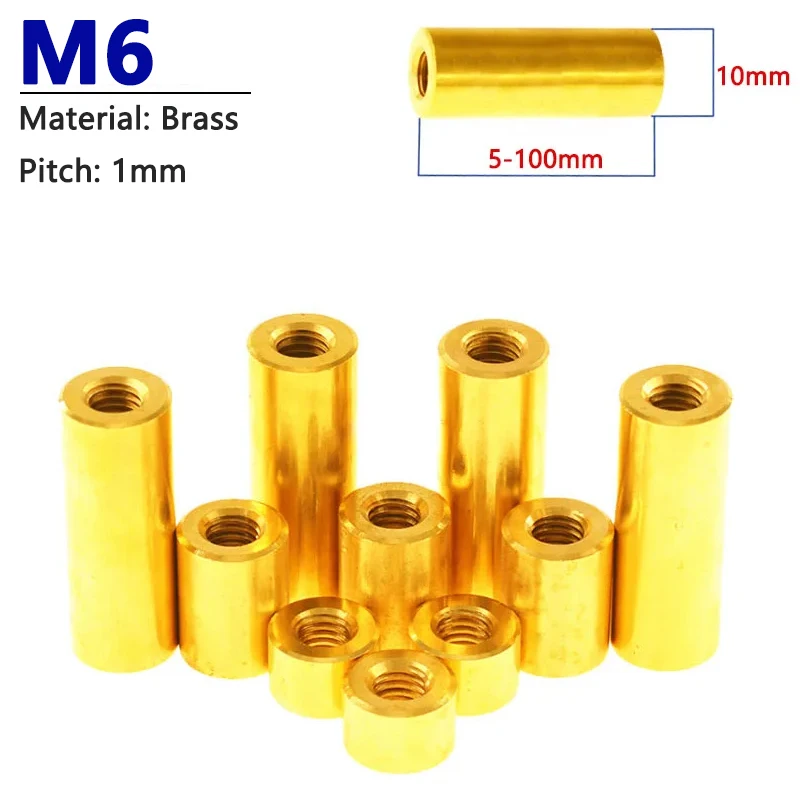 

1pc M6 Brass Round Coupling Nut Female Thread Cylindrical Stud Standoff Sleeve Double Pass Hollow Pillar Width 10mm L=5-100mm