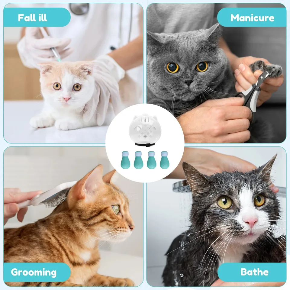 1Set Muzzle Pet Grooming Cover Accessory Cat Bite Anti Licking Space Hood Breathable Helmet With 4 Silicone Paw Shoes_voghion.com