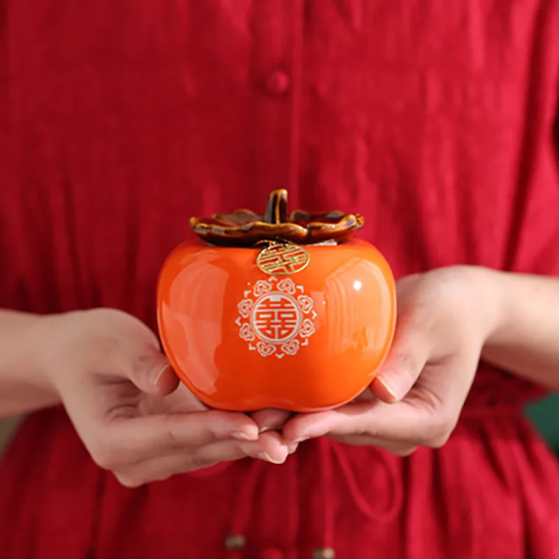 Chinese Traditional Wedding Persimmon Shape Ceramic Candy Jar, Tea Canister, Multipurpose Porcelain Storage Jars, Home Decor G