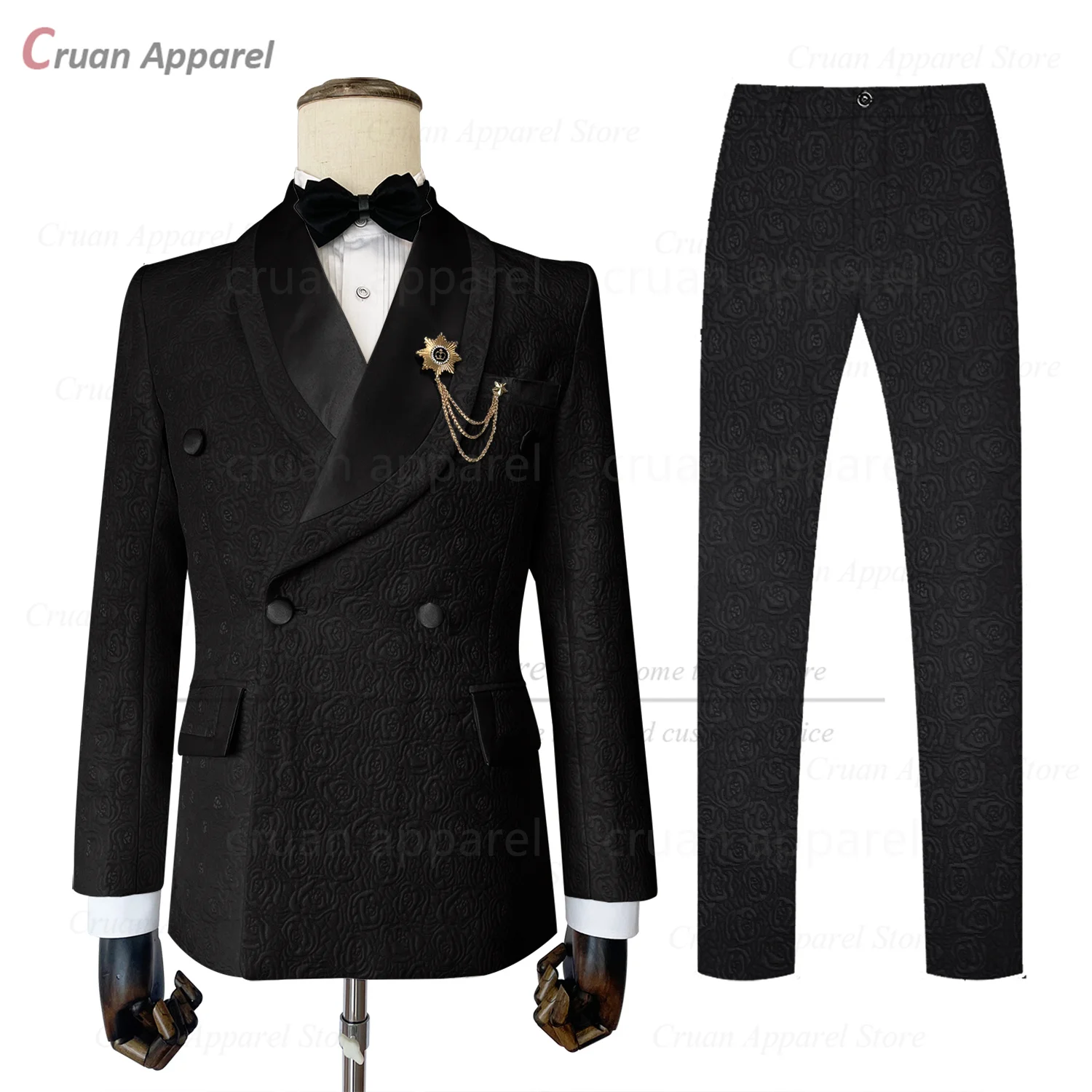 Description Picture 3 of itemLuxury Men Suit Sets Wedding Groomsman Tailor-made Slim Fit Jacquard Outfits Fashion Party Double Breasted Blazer Pants 2 Pieces