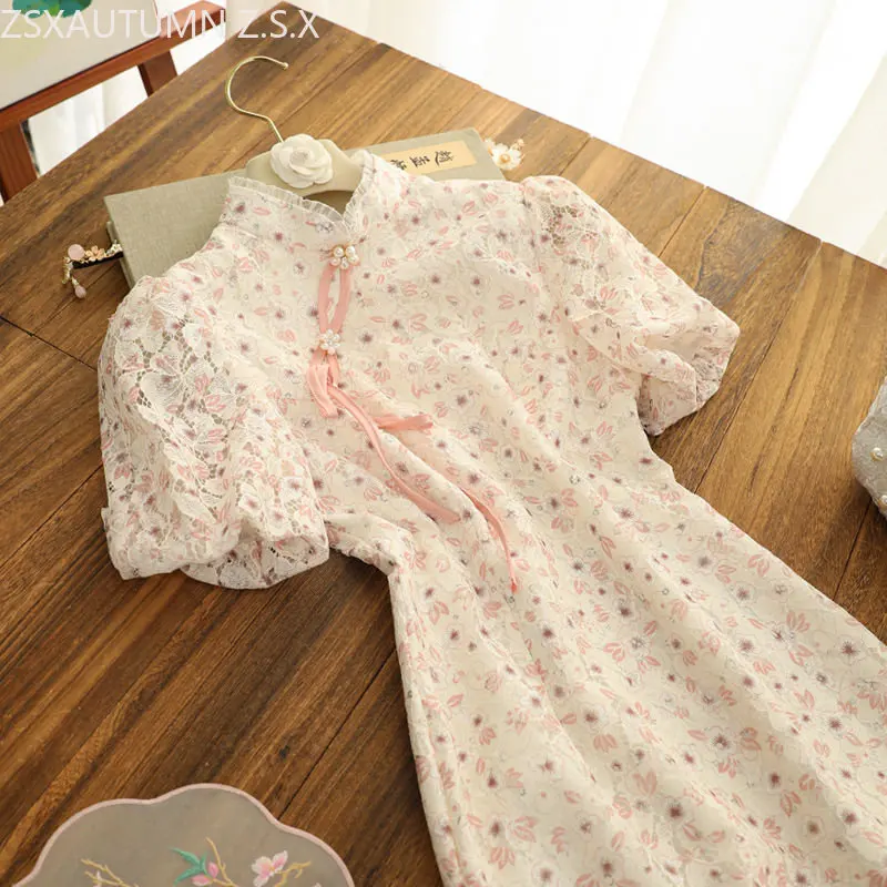 

China Qipao Young Girl Sweets Pink Puff Sleeves Women Summer Green Cheongsam Modern Fashion Retro Slim Chinese Traditional Dress