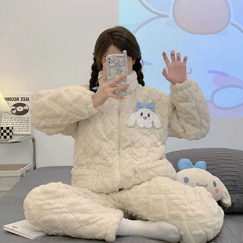 

Новинка Пижама Kawaii Cinnamoroll Sanrio аниме утолщенный трехслойный ламинированный хлопковый теплый домашний костюм для лица дышащий костюм