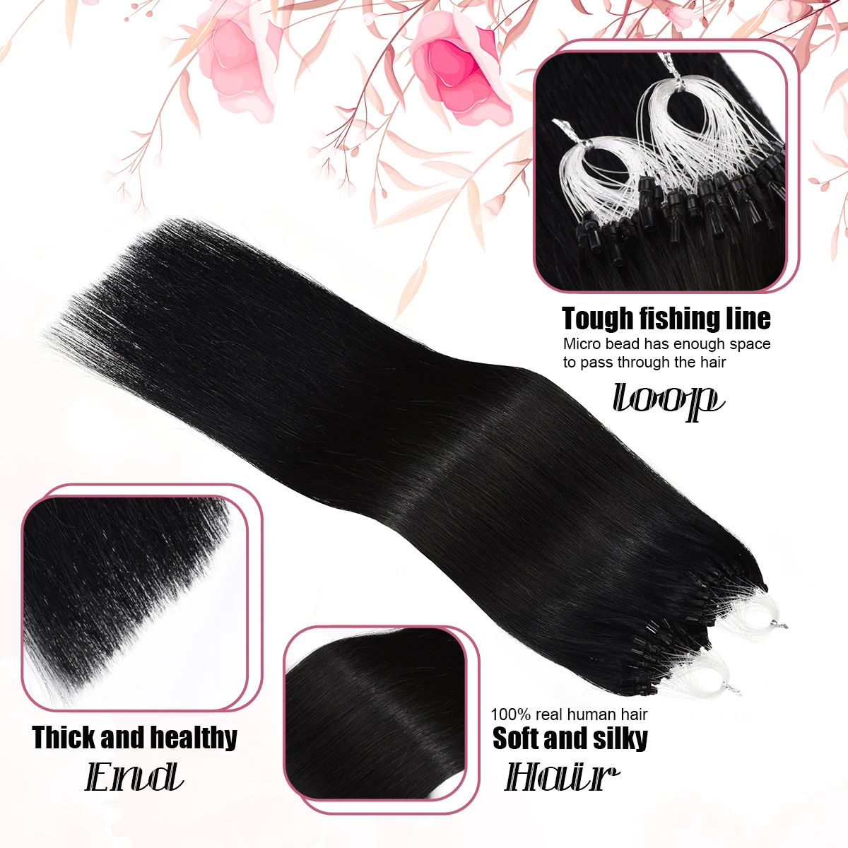 Micro Loop Hair Extension Real Hair Jet Black Human Extensions #1 Micro Loop Extensions 1g/s 50g Beads