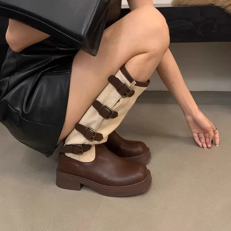 Thick High Heels Women Mid Calf Boots 2024 Hot Punk Gothic Knee High Motorcycles Boots Buckle Comfy Walking Boots Autumn Winter