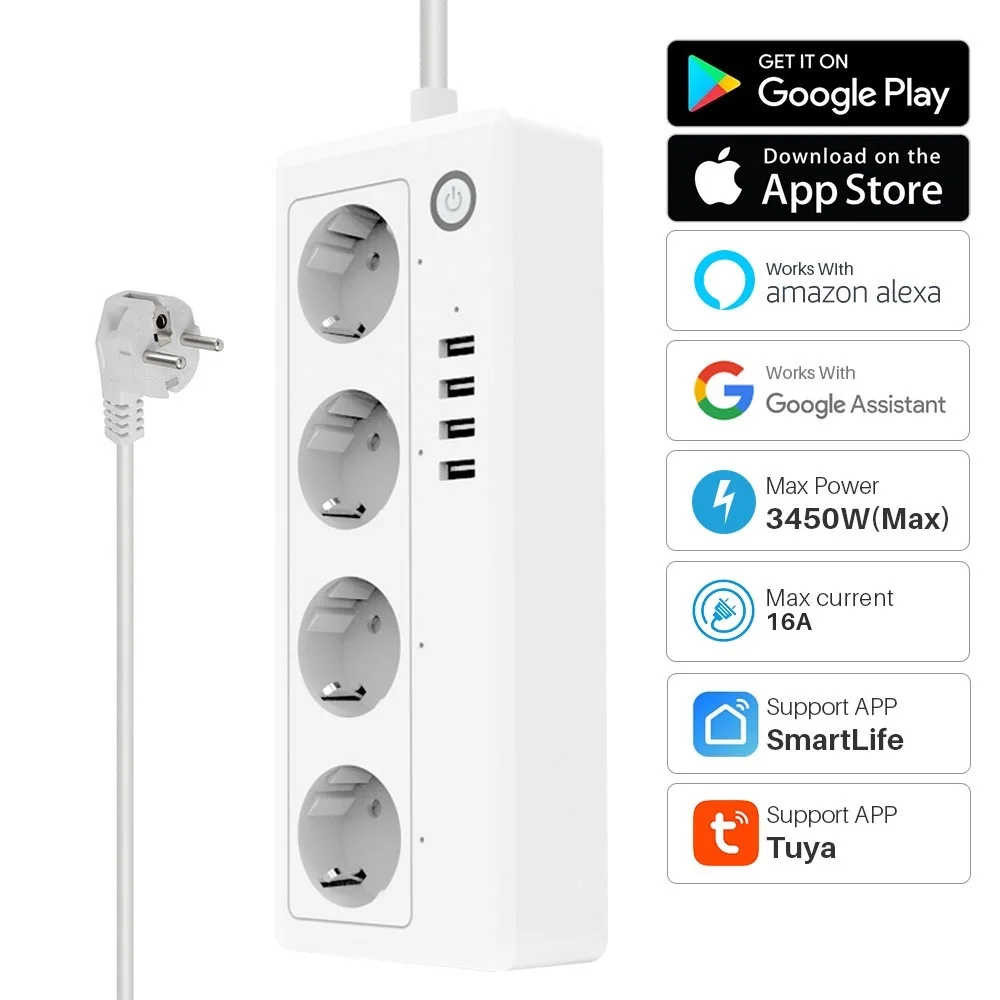 

New Tuya Smart Wifi Power Strip 16A EU 4 Socket 4 USB Charging Ports SmartLife APP Works With Google Assistant Alexa Voice