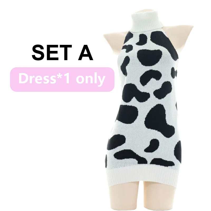 Sexy Lingerie Anime Cosplay Costumes Cow Girl Uniform Sweater Dress with Cow Print Suit Halloween Night Club Exotic Wear Women