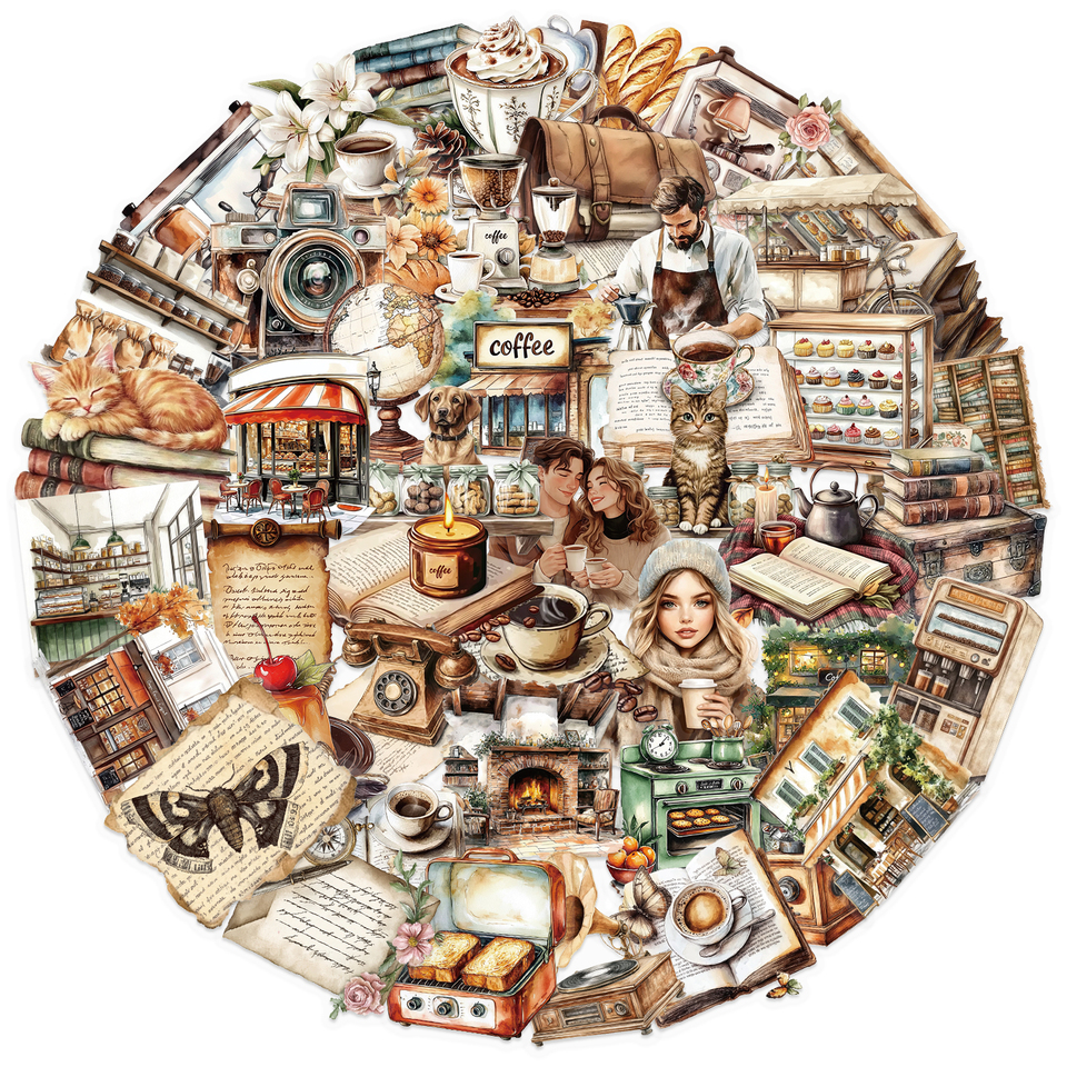 50PCS Retro Coffee Stickers Cartoon Aesthetics Transparent PET Decal Graffiti DIY Phone Suitcase Luggage Guitar Decal