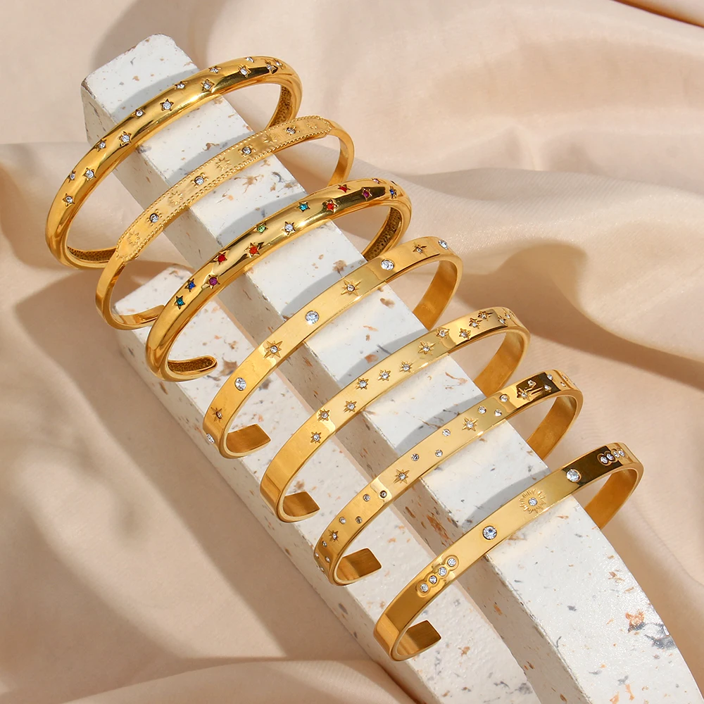 E.B.belle-Pulseras chapadas en oro de 18K para mujer, brazaletes de muñeca sin deslustre, cristal, circón, pavé brillante, estrella, luna