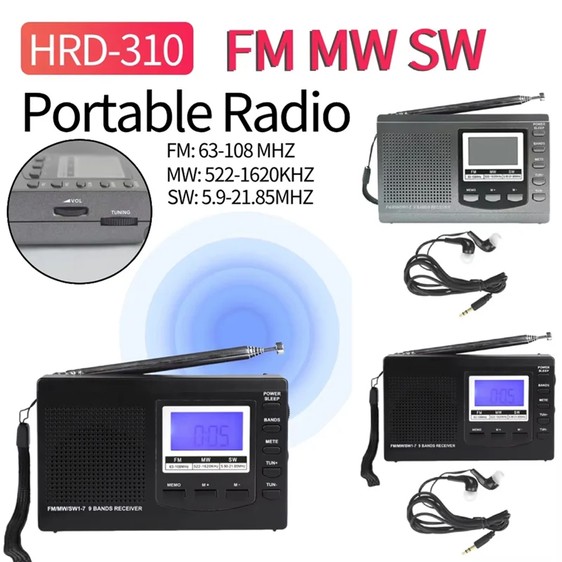 디지털 알람 시계가 있는 B48A FM 라디오 수신기 휴대용 스테레오 라디오 야외 비상용 MW/SW 블랙