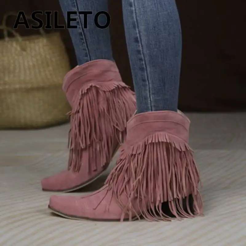 

ASILETO 2022 Western Boots Mid-Calf 14cm Square Toe Mid Heel 4cm Flock Suede Tassels Large Size 34-46 Ethnic Style Solid S4240