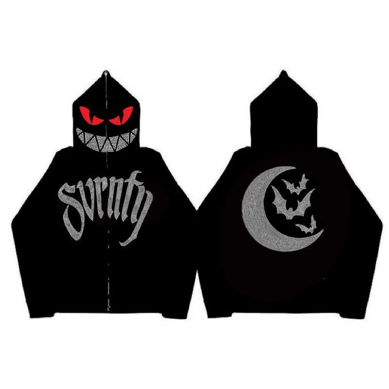 

Men Fashion Hoodies Rhinestones Letter Graphics Print Zip Up Jacket Coat Goth Long Sleeve Sweatshirt Oversized Tops Y2K Clothes