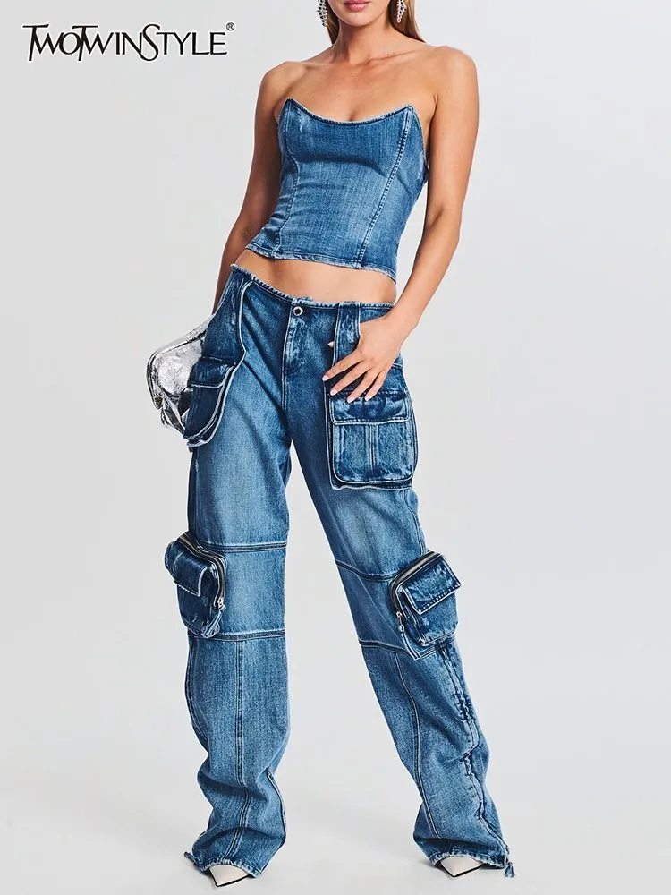 TWOTWINSTYLE Denim Vintage Two Piece Sets For Women Strapless Sleeveless Tops High Waist Spliced Pockets Pant Casual Set Female 2023 women s casual pockets button jumpsuits spring summer sleeveless suspenders overalls female cotton hemp solid outfits woman