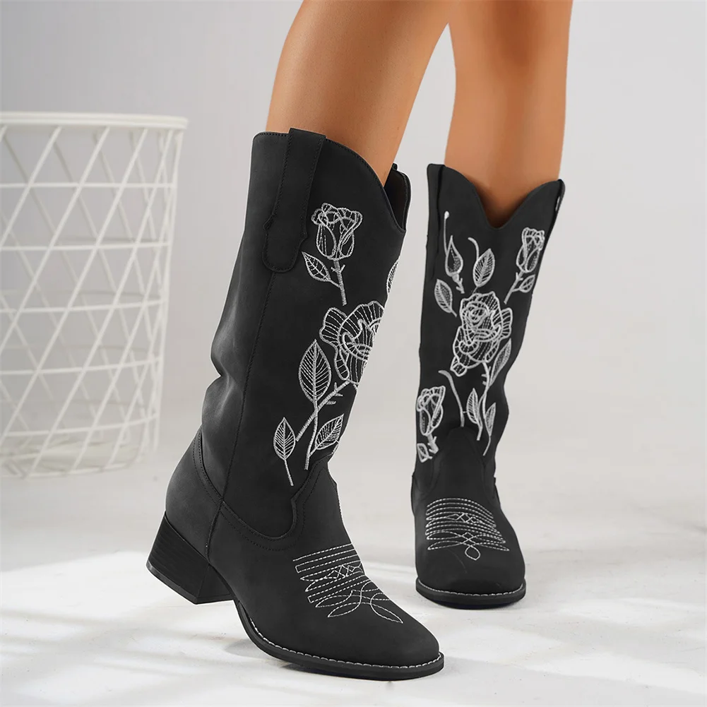 Big Size 43 New Female Vintage Flower Wmbroider Cowboy Boots Fashion Chunky Heels women's Cowgirl Boots Casual Retro Woman Shoes