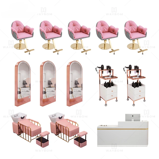 Wholesale Good Price Beauty Pink Hair Salon Furniture set Package Salon Shop Equipment Styling Chair Shampoo Bed Mirror