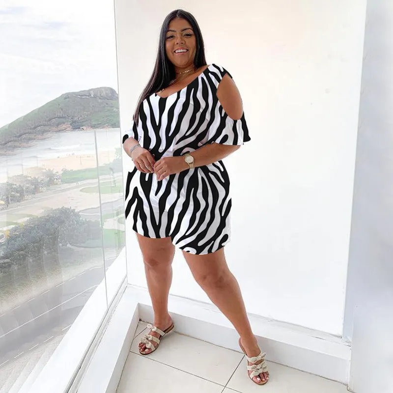 Plus Size Women Jumpsuits Striped Print One Piece Outfit 2022 Summer Fashion Bodycon Jumpsuits Sexy Lady Short Pant Wholesale