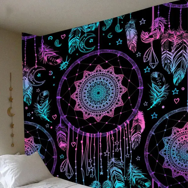 Attrape-rêves psychédélique, tapisserie en plumes de lune, Hippie, grand Mandala bohème, tissu mural, tapis, décor de plafond et de salle 3