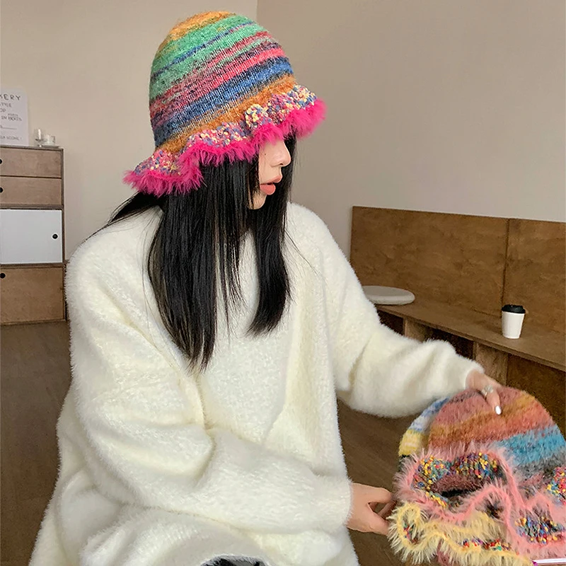 

Gradient Contrast Plush Knitted Hat Retro Rainbow Knitted Hat Striped Oil Painting Woolen Hat