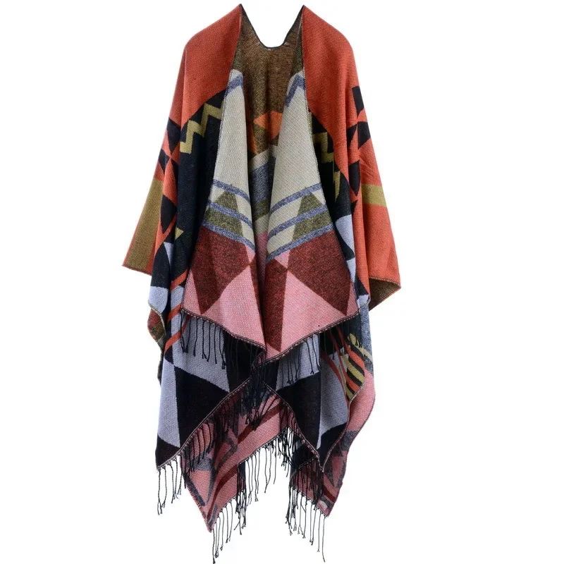 

Autumn Winter Geometric pattern tassel Double sided Split Warm Cape Women Imitation Cashmere Poncho Lady Capes orange Cloaks