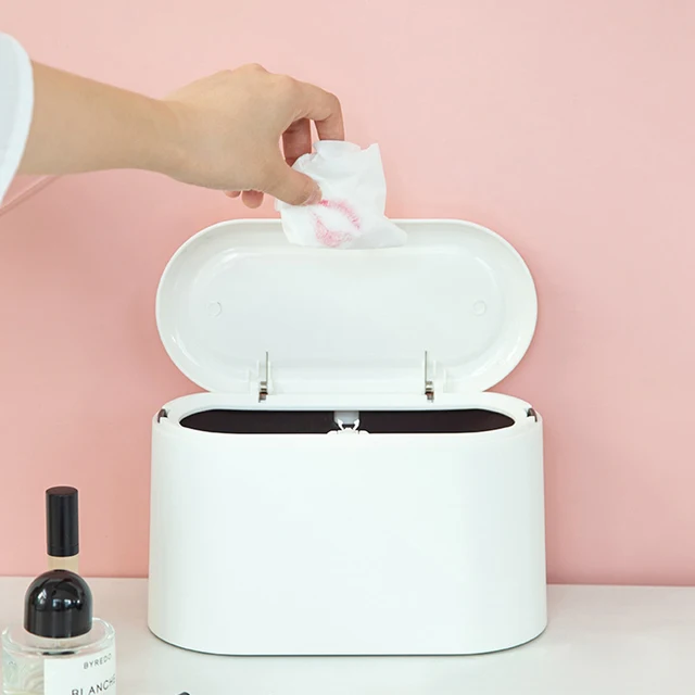 Simple Desktop Trash Bin Mini Durable Storage Bucket Can Automatic Pop-up Lid For Dressing Tables Home Office Garbage Bucket 1