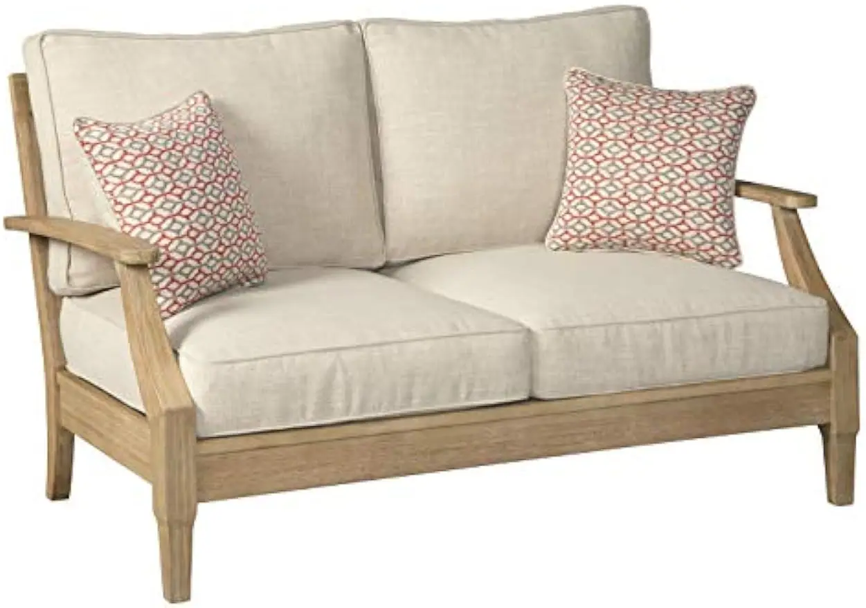 

Signature Design by Ashley Clare View Coastal Outdoor Patio Eucalyptus Loveseat with Cushions, Beige