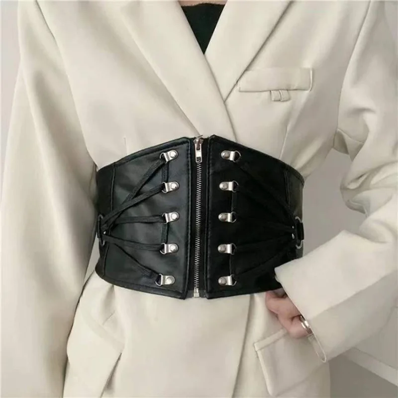 Extra Wide Ladies Fashion Stretch Black Girdle Punk Style Seal Zipper Decoration Belt Versatile Dress Coat Elastic Waist Belts