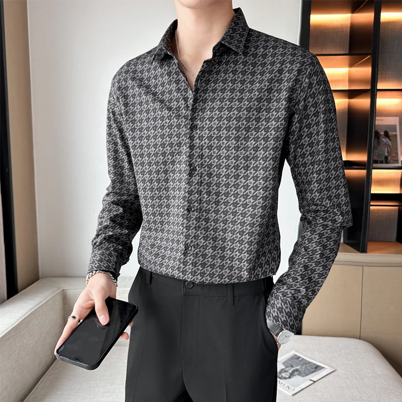 

Boutique Men's Fashion Slim-fit Business Gentleman Classic Printed British Style Thousand Bird Check Casual Social Style Shirt