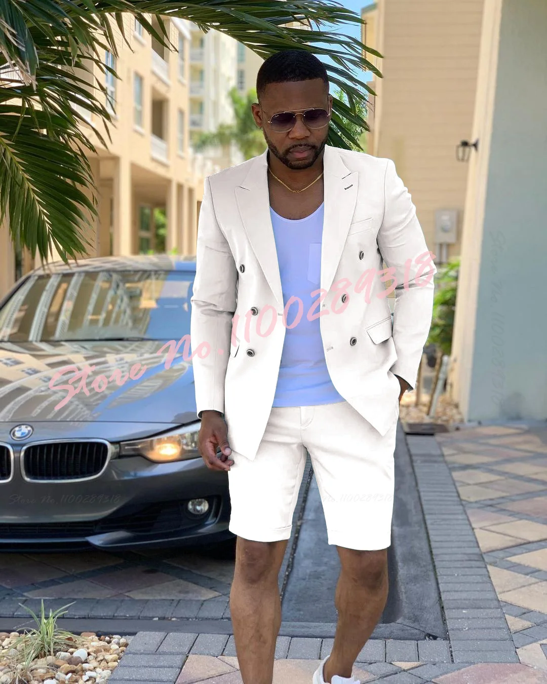 2023 Double Breasted Men Suits Summer Beach Groom Groomsmen Tuxedos Wedding Causal Suit Terno Masculino 2PCS(Blazer+Short Pants)