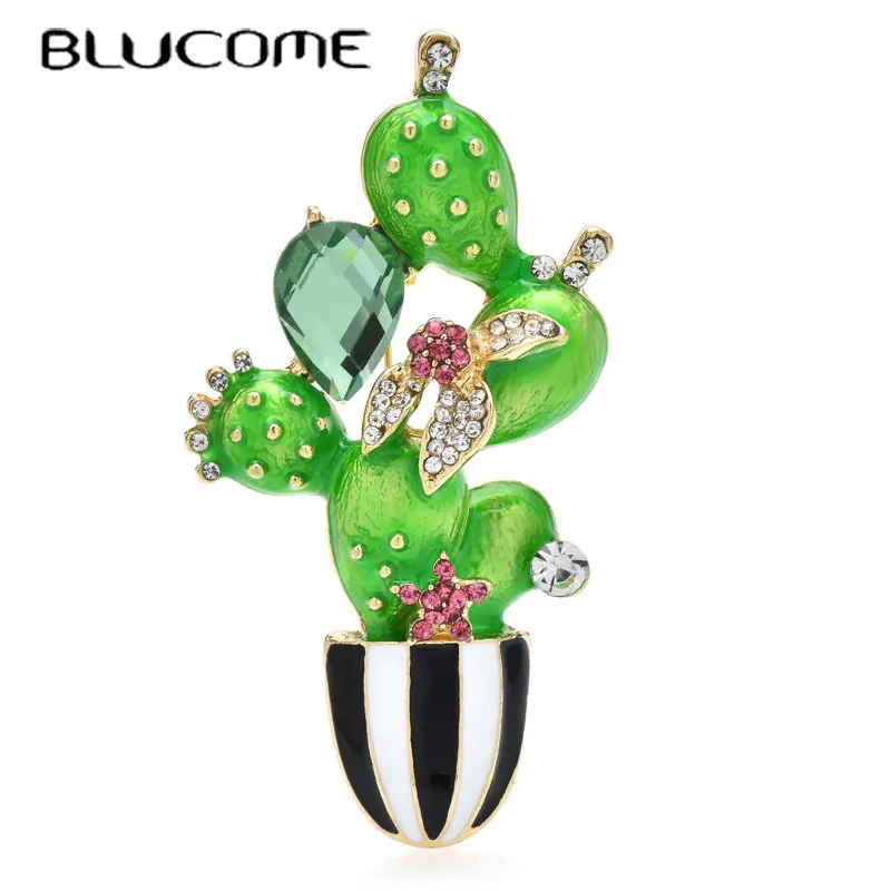 

Blucome New Cactus Brooches For Women Unisex Enamel Rhinestone Beauty Flower Plants Party Office Brooch Pin Gifts