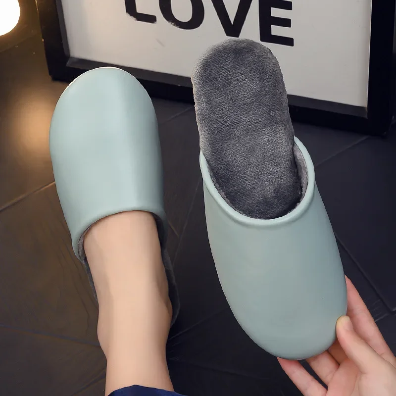 Waterproof Leather Slippers Men Cotton Home Shoes Fashion Winter Warmer Indoor Househ Non-slip Women House Couple Slippers Shoes