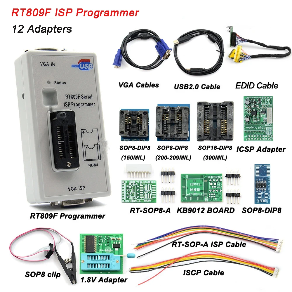 

RT809F ISP Programmer LCD Usb Chip Eeprom With 12 Adapters 24 25 93 Serise IC High Quality Free Shipping Car Repair Tools