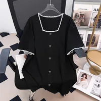 170Kg Plus Size Women's Bust 170 Summer Loose Lace Square Neck Short Sleeve T-Shirt Black 4XL 5XL 6XL 7XL 8XL 9XL