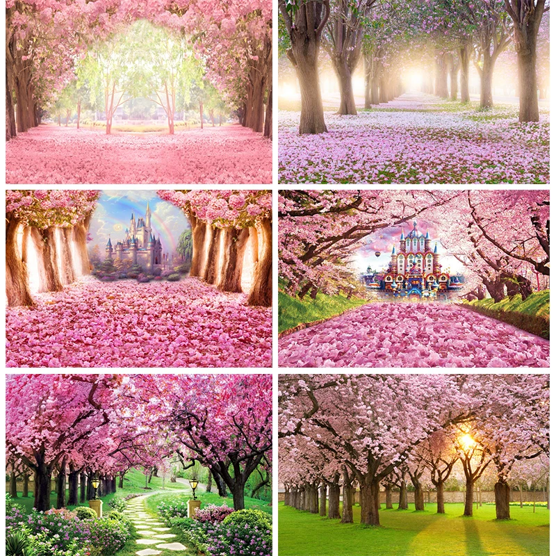 

Cherry Blossom Flower Forest Spring Backdrop Photography Pink Princess Castle Birthday Party Decorations Photoshoot Background