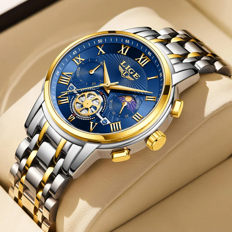 

LIGE Mens Watches Top Brand Luxury Original Waterproof Quartz Watch for Man Gold Skeleton Style 24Hour Moon Phase Luminous Clock