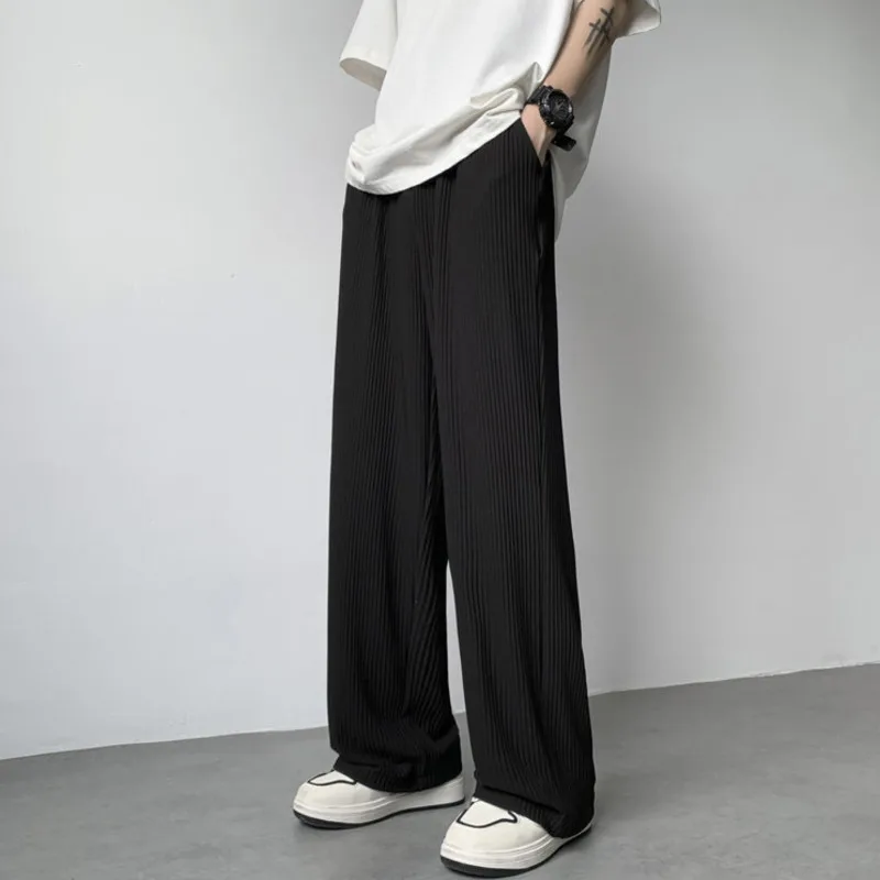 Summer Ice Silk Pants Men Fashion Casual Pleated Pants Men Japanese Streetwear Loose Wide Leg Pants Mens Baggy Trousers M-3XL