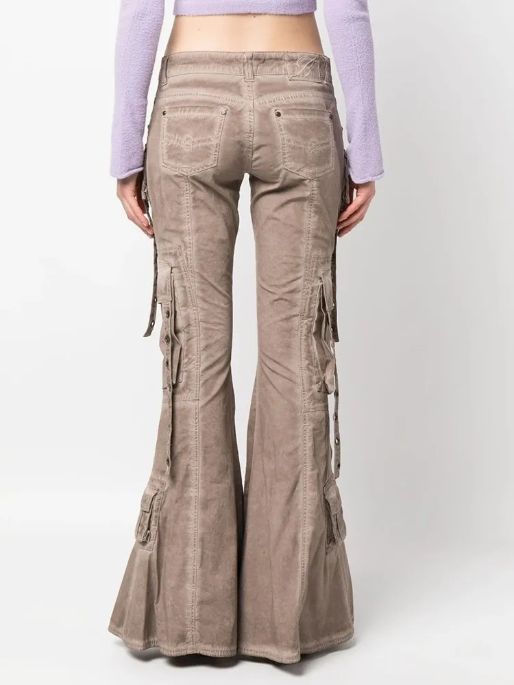 BPN Streetwear Patchwork Pockets Denim Pants For Women High Waist Solid Slimming Chic Flare Jeans Female Fashion Clothing Style