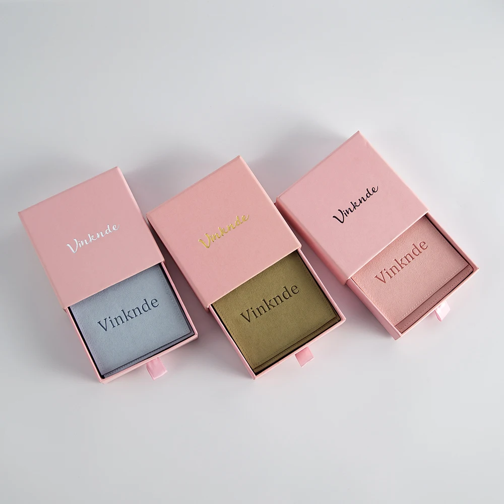 100Sets Jewelry Packaging Mini Envelope Flap Microfiber Jewelry Print Logo Pouch and 100pcs  Pink Drawer Print Logo Paper Box