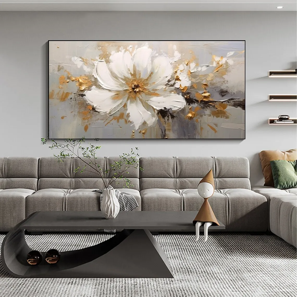 

Abstract Flower Oil Painting on Canvas Large Wall Art Minimalist Floral Art Custom handmade Painting White Decor For Living Room