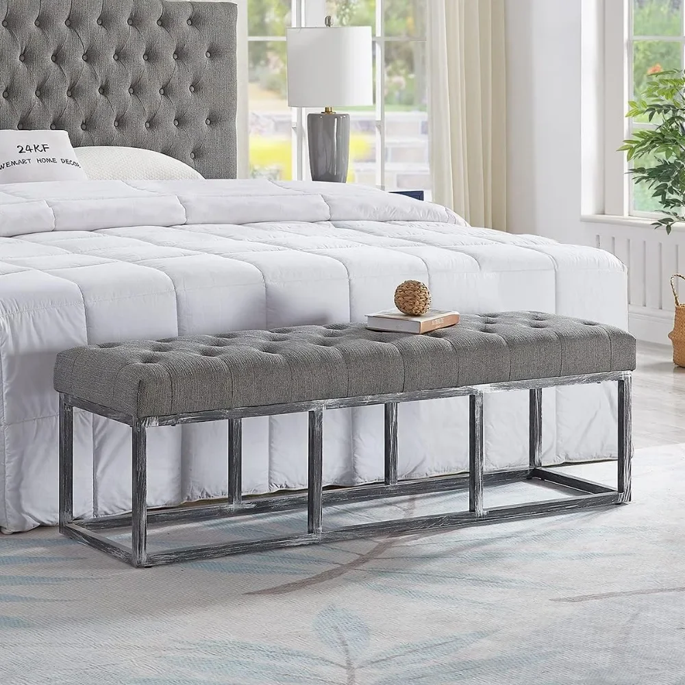 

Upholstered Tufted Long Bench Seats With Metal Frame Leg Bed Stool Linen Bench Ottoman With Padded Seat-Granite Bedroom Living