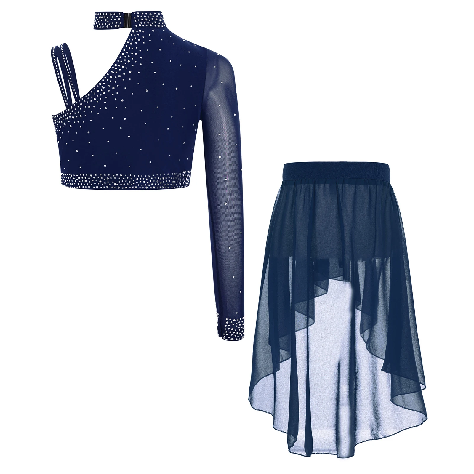 Kinder Mädchen Ballett Lyrical Dance Performance Kostüm Glitzernde Strasssteine Tops Unregelmäßige Schulter Crop Top mit High-Low Rock – Detail 15