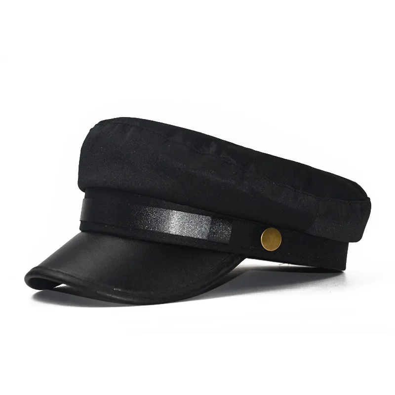 Unisex PU Leather Hat Autumn Sailor Hat Women Men Black Female Travel Student Captain Flat Top sailor hat leather hat flat cap solid color cap flat vintage cap