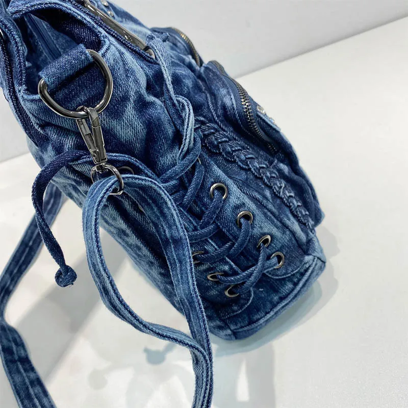Denim Jean Large Capacity Multiple Pockets With Diamond Crossbody Messenger Bag Handbags Letter Shoulder Shopper Tote Lady Purse