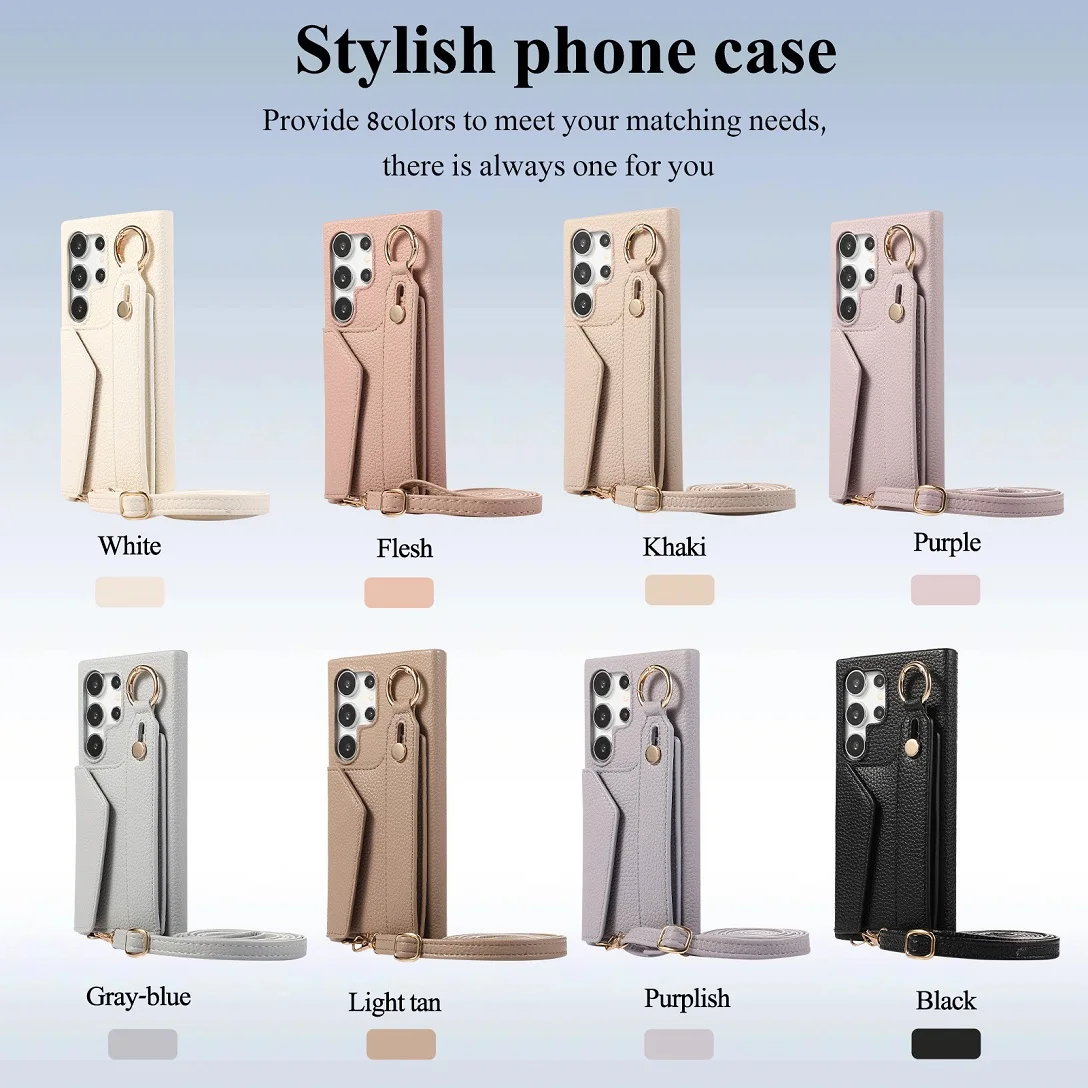 Luxury Shoulder Leather Wallet Case with Card Slot and Hand Strap - Purse Phone Cover