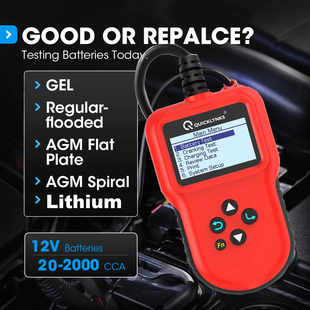 QUICKLYNKS BA106 Car Battery Tester 12V 100-2000CCA Cranking Charging Circut Tester Battery Analyzer 6/12 Volts Tools