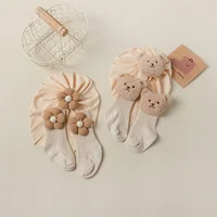 1set Flower Baby Turban Hat & Socks for Newborn Girls Bear Beanie Caps Non-slip Floor Stockings Toddler Hair Accessories 0-2Y 1