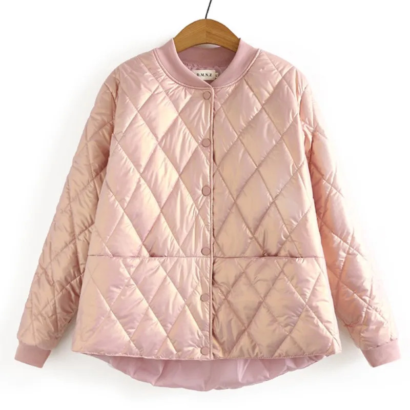 

Winter Womens Parka Plus Size Clothing Loose Fit Argyle Padded Jacket Autumn Stand Collar Washing-Free Shiny Fabric Coat