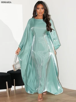 Siskakia Muslim 2024 New Eid Dresses Solid Shiny Satin Batwing Sleeve Modest Kebaya Turkish African Women Abayas Saudi Clothing