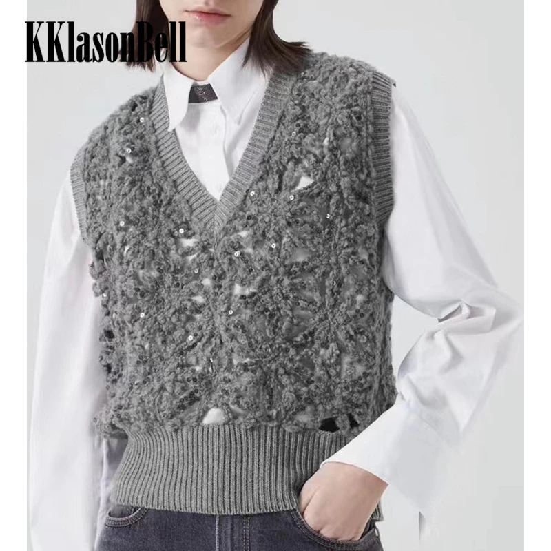 

11,28 KKlasonBell высококачественный шерстяной вязаный крючком свитер с блестками женский жилет